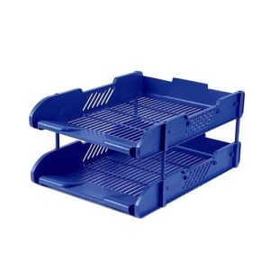 Chrome Office File Tray Two Stackable Layers With Metal Brackets - Blue